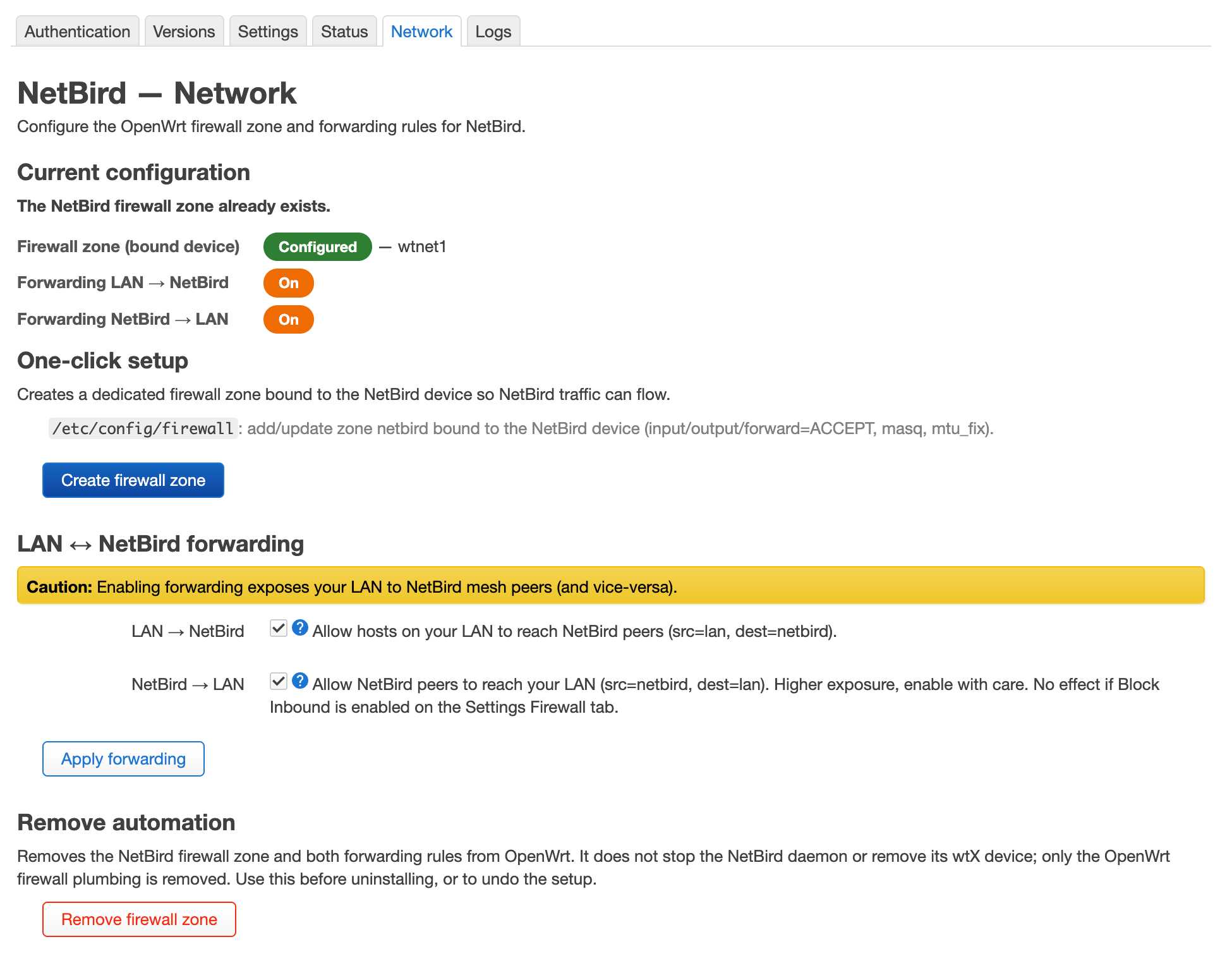NetBird LuCI network — firewall zone and forwarding rules